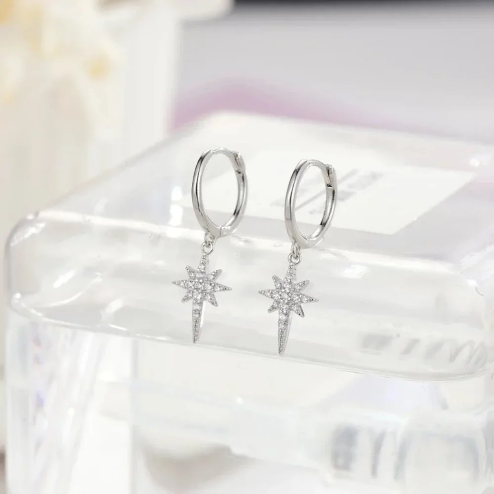 14k Gold Star Diamonds Huggie Hoop Earrings Sterling Silver - Picture 2 of 9